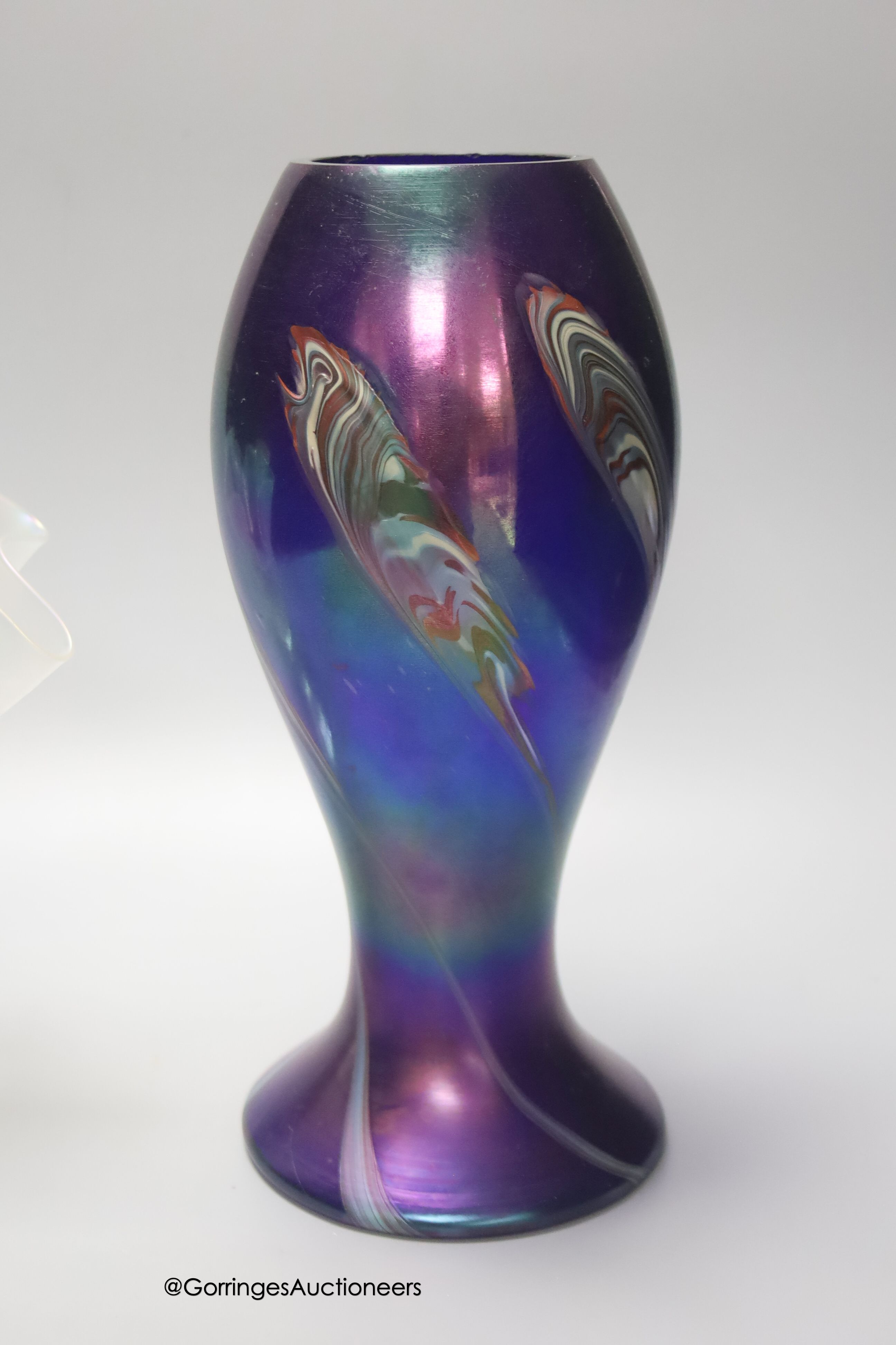 An iridescent glass baluster vase, 30cm a clear glass vase by Walsh & Walsh and four other art glass items